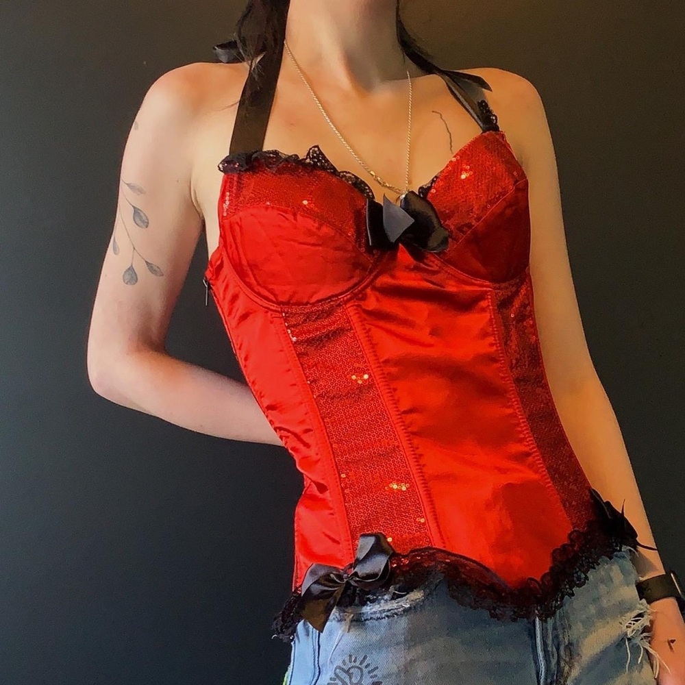 Femme fatale red goth sequinned dream girl halter corset top with bow de…